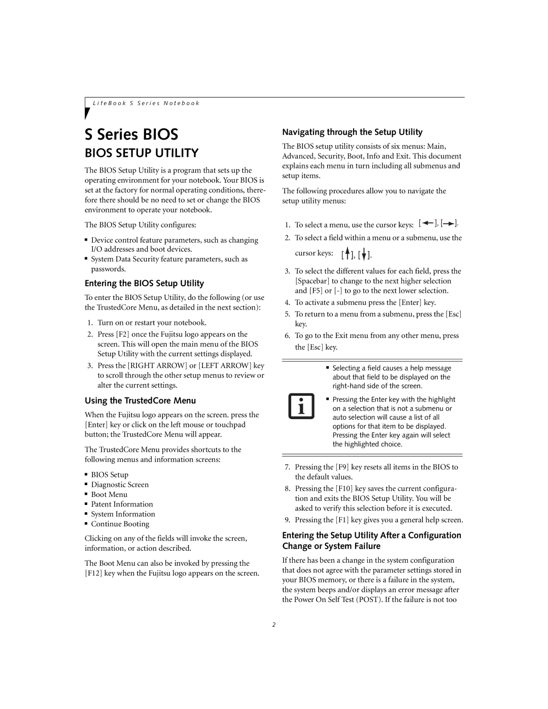 Fujitsu S2210 manual Entering the Bios Setup Utility, Using the TrustedCore Menu, Navigating through the Setup Utility 