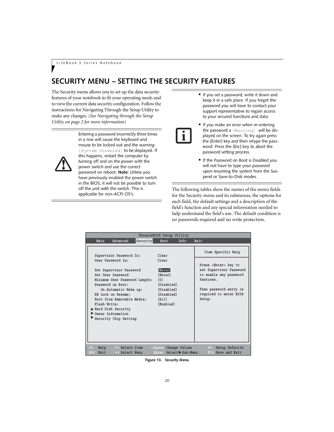 Fujitsu S2210 manual Security Menu Setting the Security Features, Info Exit 