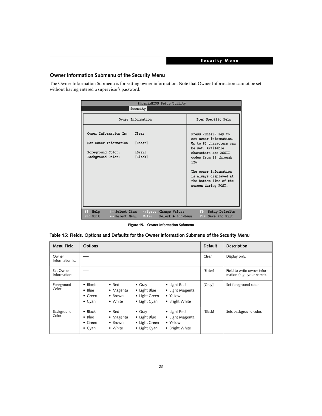 Fujitsu S2210 manual Owner Information Submenu of the Security Menu, Black Red Gray Light Red 