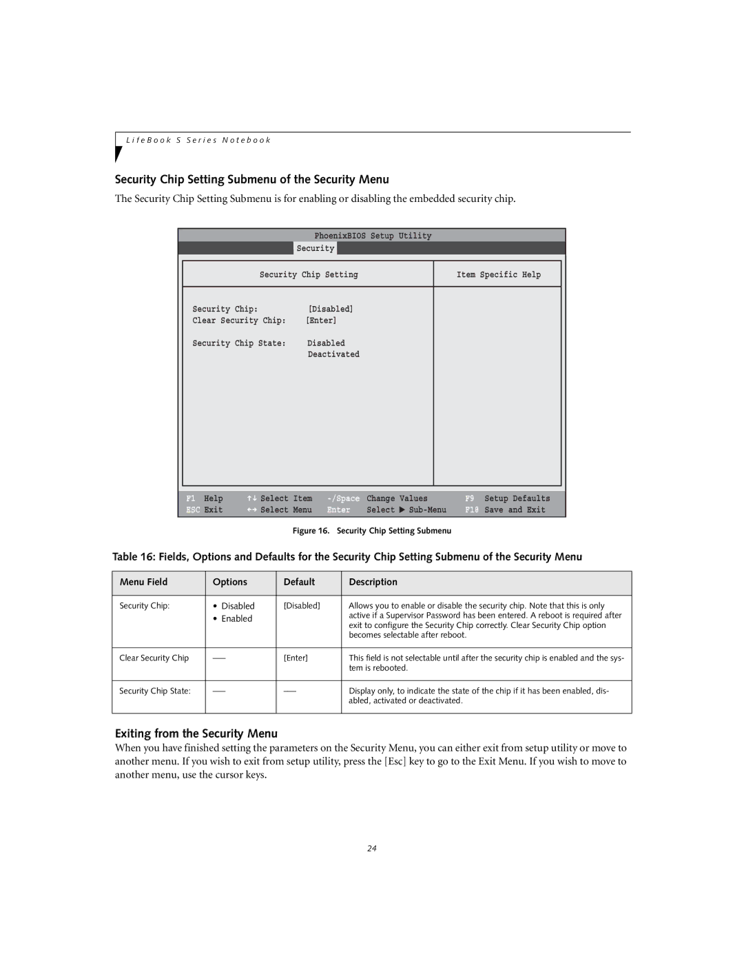 Fujitsu S2210 manual Security Chip Setting Submenu of the Security Menu, Exiting from the Security Menu 