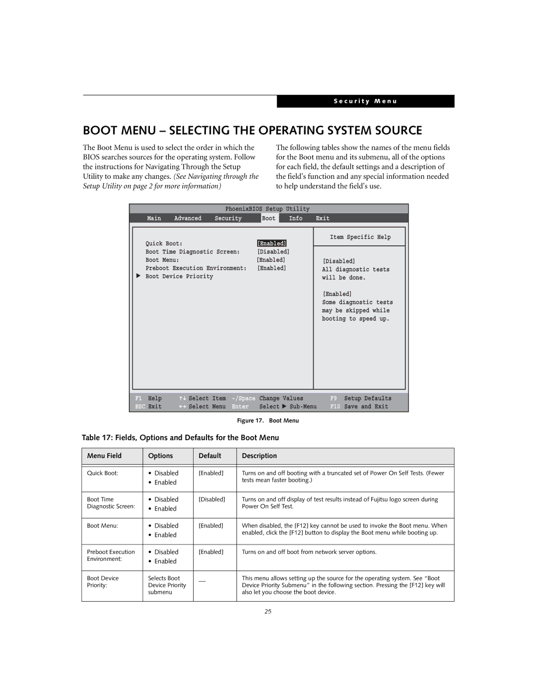 Fujitsu S2210 manual Boot Menu Selecting the Operating System Source, Fields, Options and Defaults for the Boot Menu 