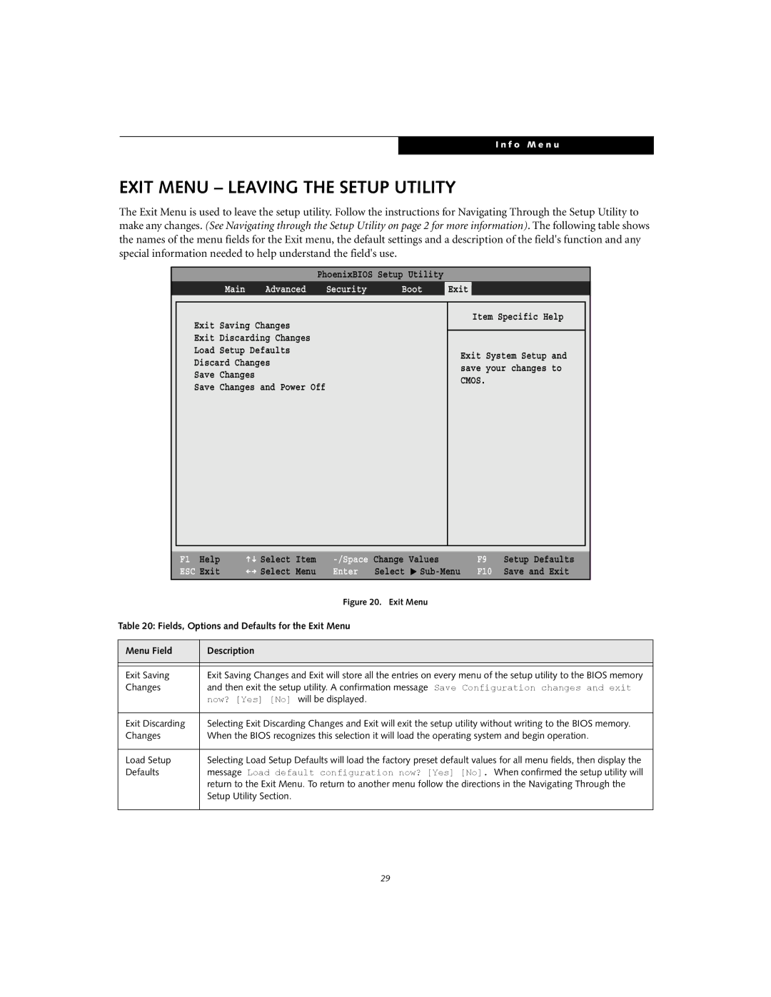 Fujitsu S2210 manual Exit Menu Leaving the Setup Utility, Exit Saving, Defaults, Setup Utility Section 