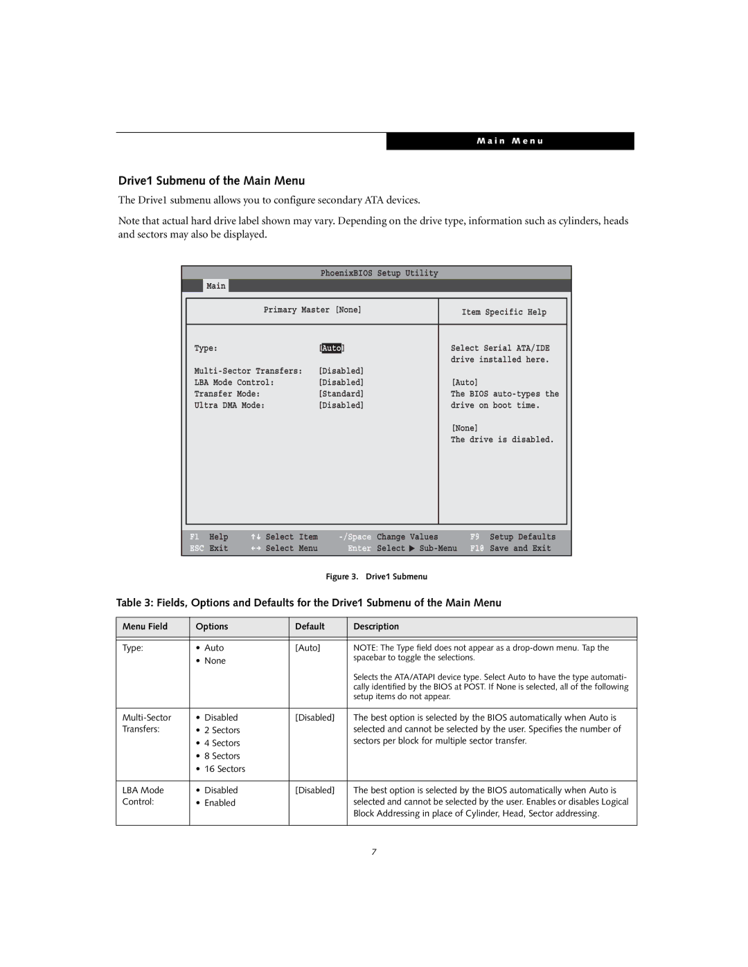 Fujitsu S2210 Drive1 Submenu of the Main Menu, Type Auto None, Multi-Sector Disabled, Transfers Sectors, Control Enabled 