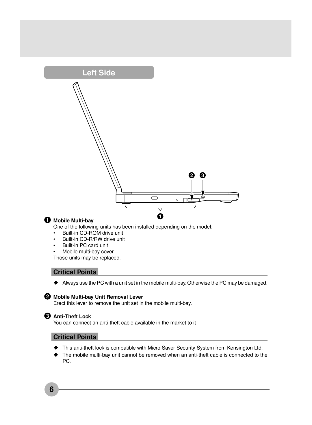 Fujitsu S4546, S4545 manual Left Side, Mobile Multi-bay Unit Removal Lever, Anti-Theft Lock 