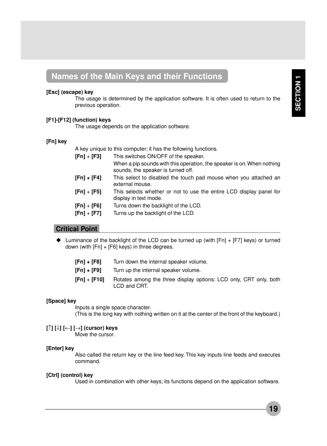 Fujitsu S4545, S4546 manual Names of the Main Keys and their Functions 