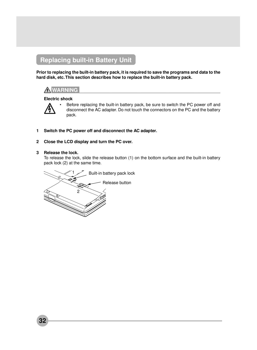 Fujitsu S4546, S4545 manual Replacing built-in Battery Unit, Electric shock 