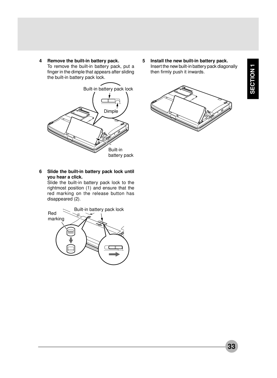 Fujitsu S4545, S4546 manual Remove the built-in battery pack, Slide the built-in battery pack lock until you hear a click 