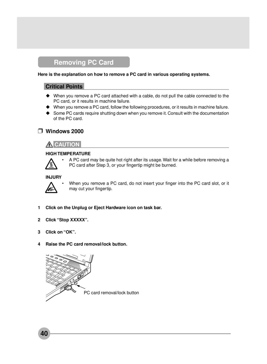 Fujitsu S4546, S4545 manual Removing PC Card, Windows, High Temperature, Injury 