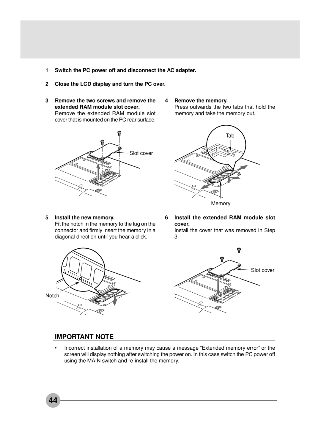 Fujitsu S4546, S4545 manual Remove the memory, Install the new memory, Install the extended RAM module slot cover 