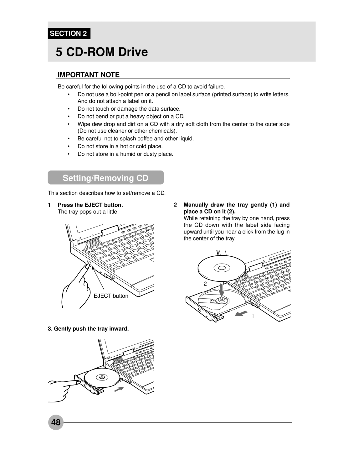 Fujitsu S4546 CD-ROM Drive, Setting/Removing CD, Press the Eject button Manually draw the tray gently 1, Place a CD on it 