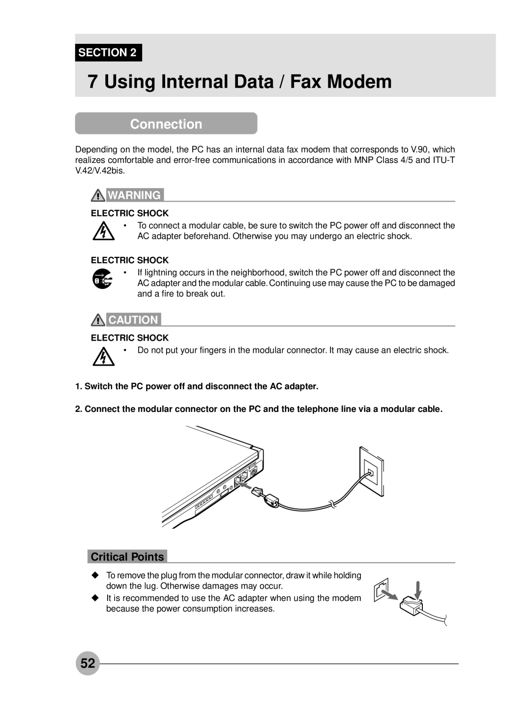 Fujitsu S4546, S4545 manual Using Internal Data / Fax Modem, Connection 