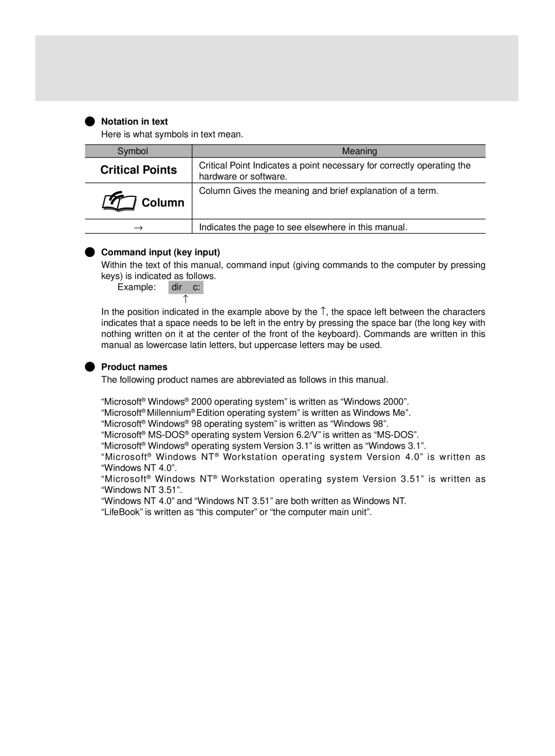 Fujitsu S4545, S4546 manual Critical Points, Column, Notation in text, Command input key input, Product names 