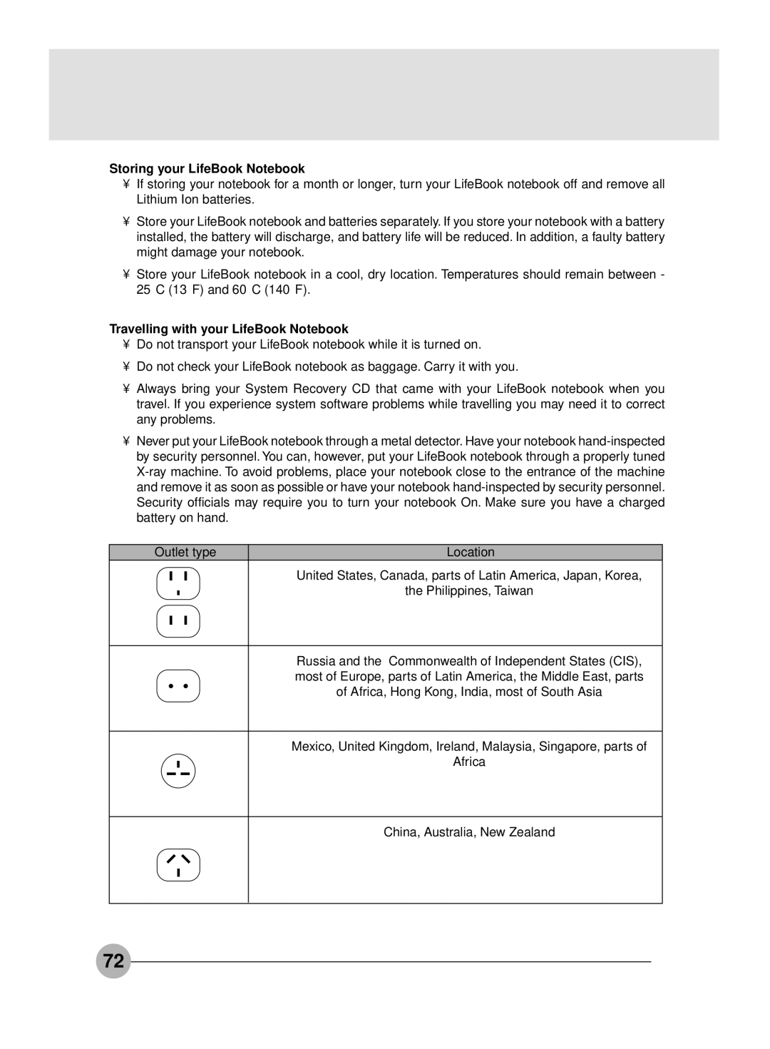 Fujitsu S4546, S4545 manual Storing your LifeBook Notebook, Travelling with your LifeBook Notebook 