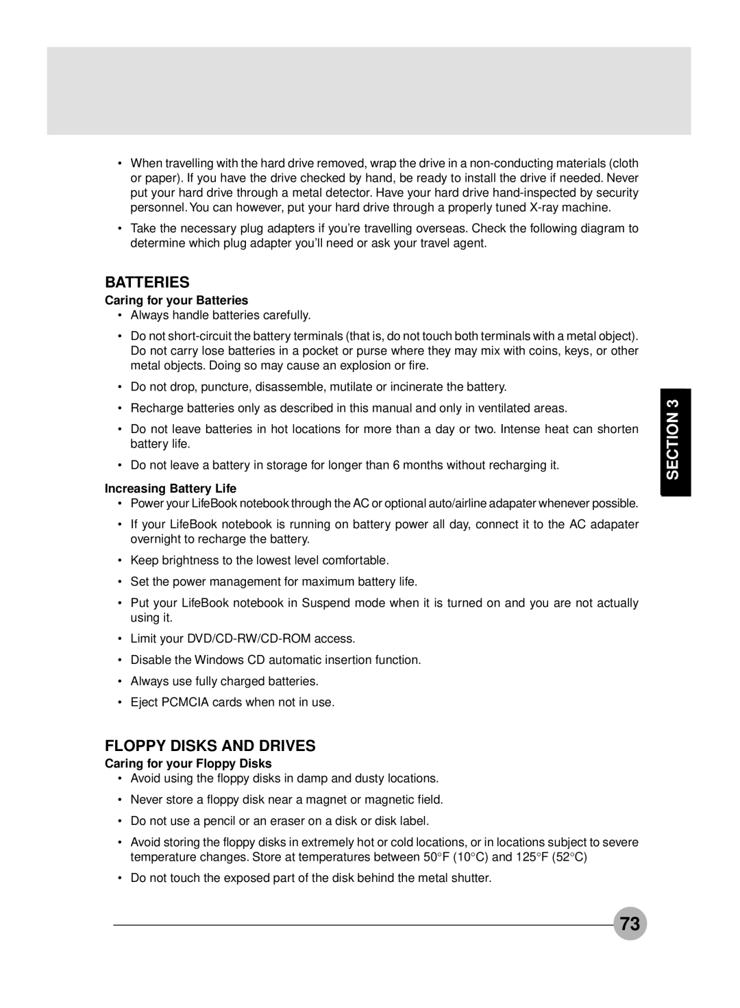 Fujitsu S4545, S4546 manual Caring for your Batteries, Increasing Battery Life, Caring for your Floppy Disks 