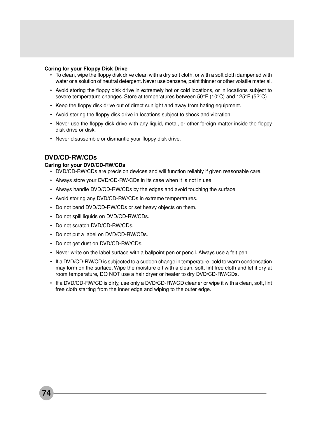 Fujitsu S4546, S4545 manual Caring for your Floppy Disk Drive, Caring for your DVD/CD-RW/CDs 