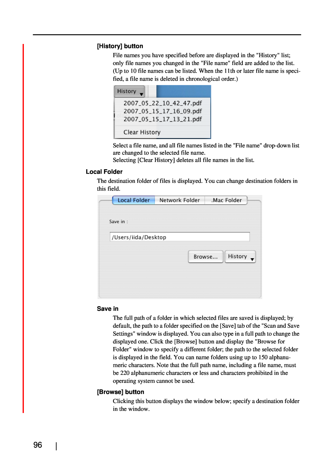 Fujitsu S510M manual History button, Local Folder, Save in, Browse button 