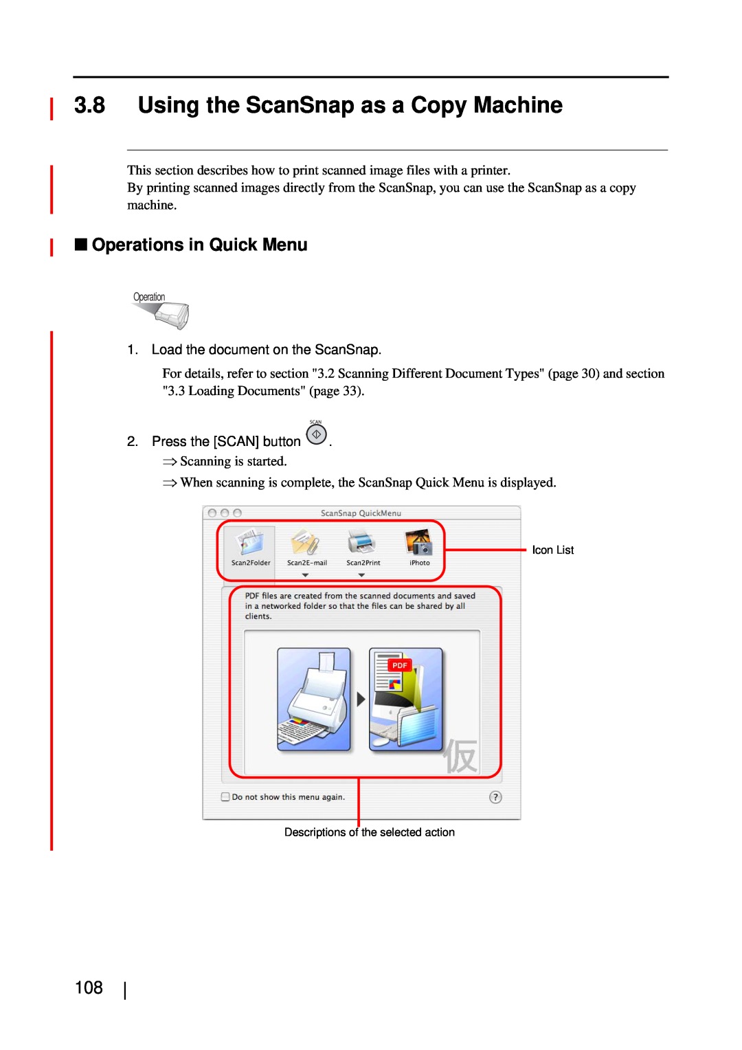 Fujitsu S510M manual Using the ScanSnap as a Copy Machine, Operations in Quick Menu 