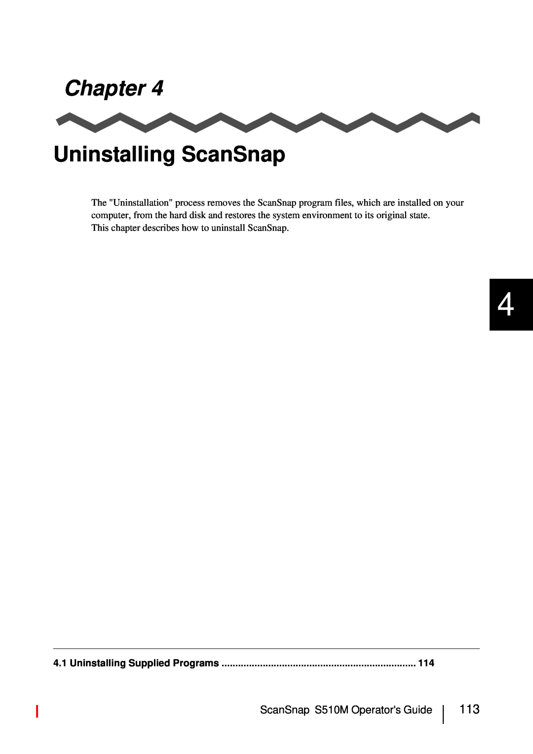 Fujitsu S510M manual Uninstalling ScanSnap, Chapter, Uninstalling Supplied Programs 