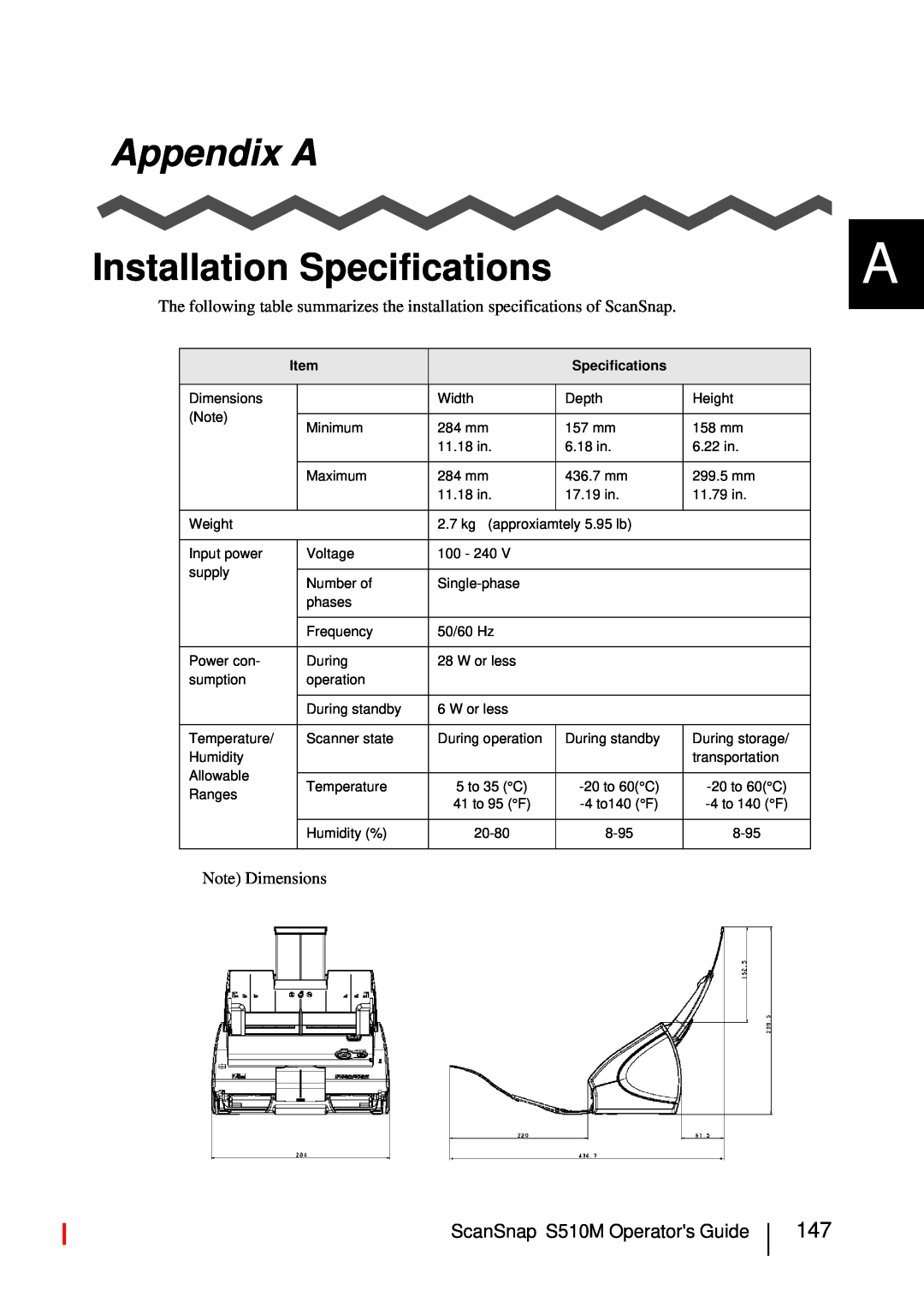 Fujitsu S510M manual Appendix A, Installation Specifications 