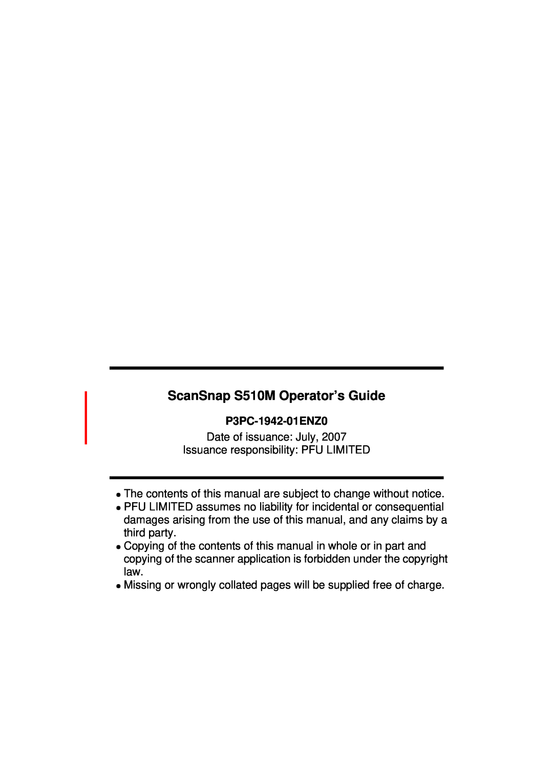 Fujitsu manual ScanSnap S510M Operator’s Guide, P3PC-1942-01ENZ0 