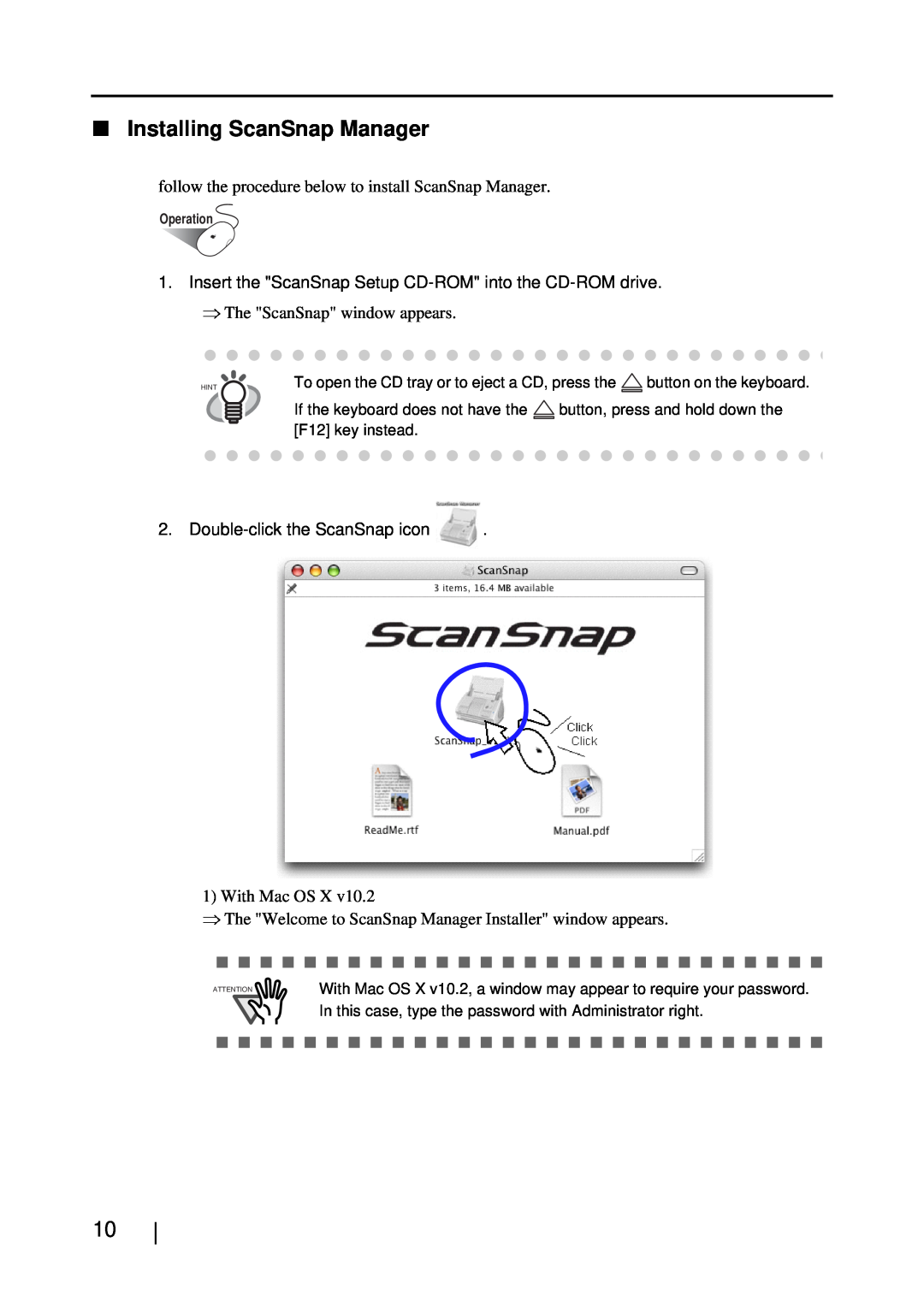 Fujitsu S510M manual Installing ScanSnap Manager, follow the procedure below to install ScanSnap Manager, With Mac OS X 