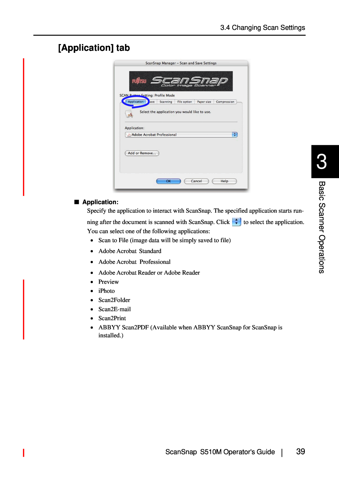 Fujitsu S510M manual Application tab, Basic Scanner Operations 
