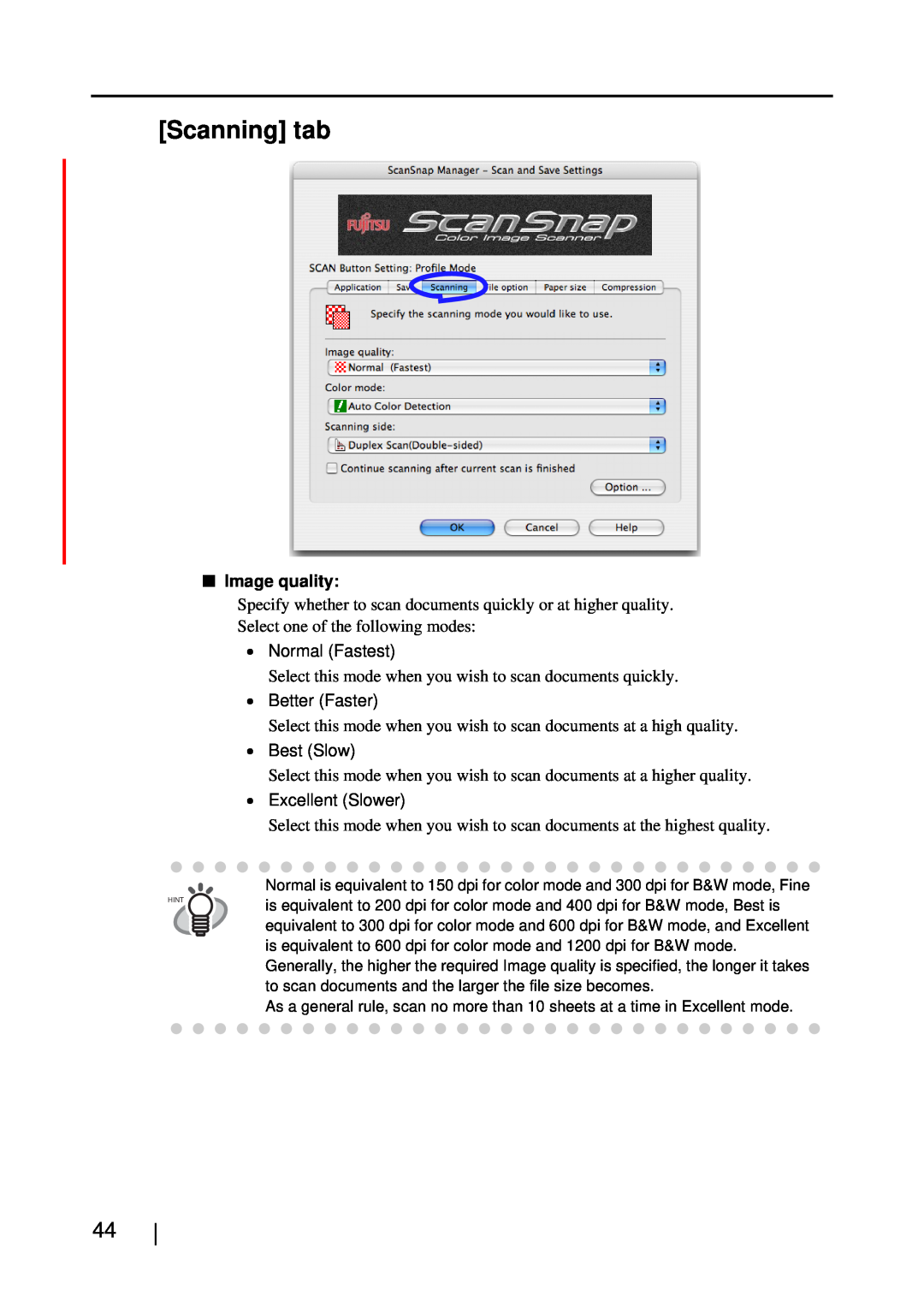 Fujitsu S510M manual Scanning tab, Image quality 