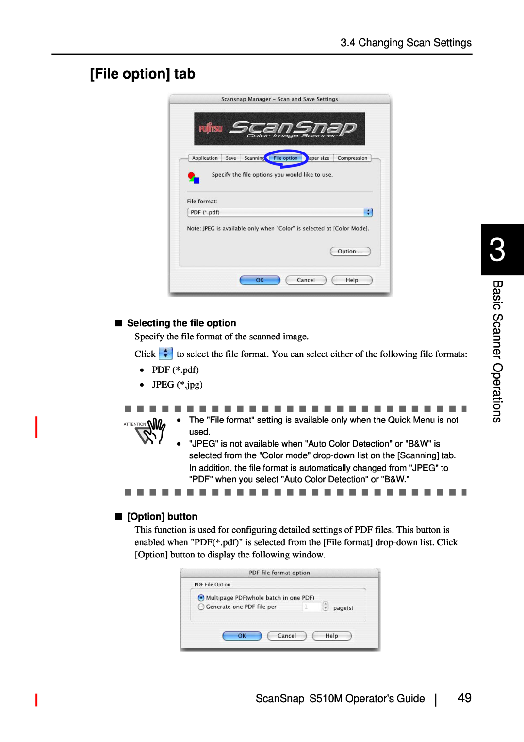 Fujitsu S510M manual File option tab, Basic Scanner Operations, Selecting the file option, Option button 