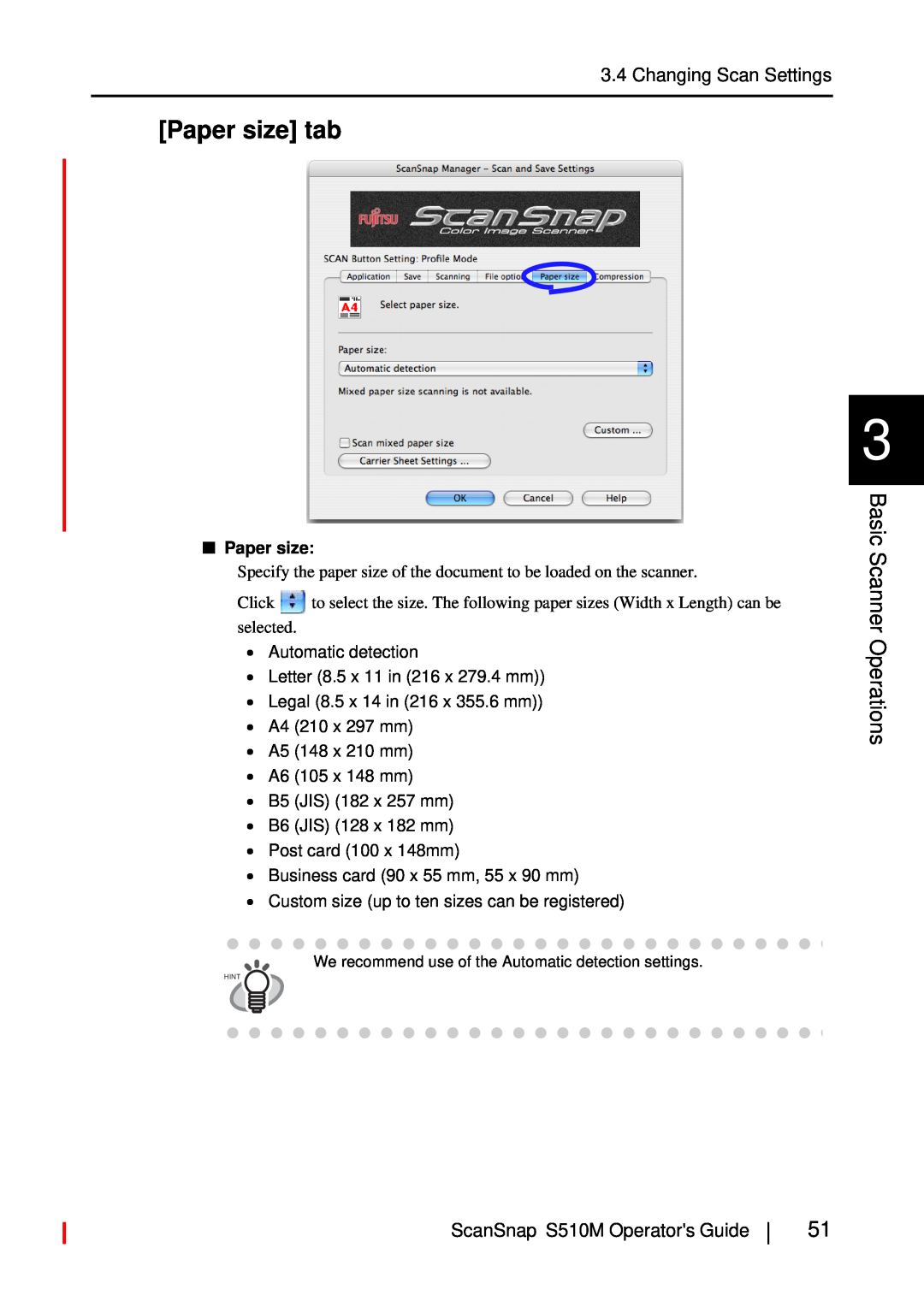 Fujitsu S510M manual Paper size tab, Basic Scanner Operations 