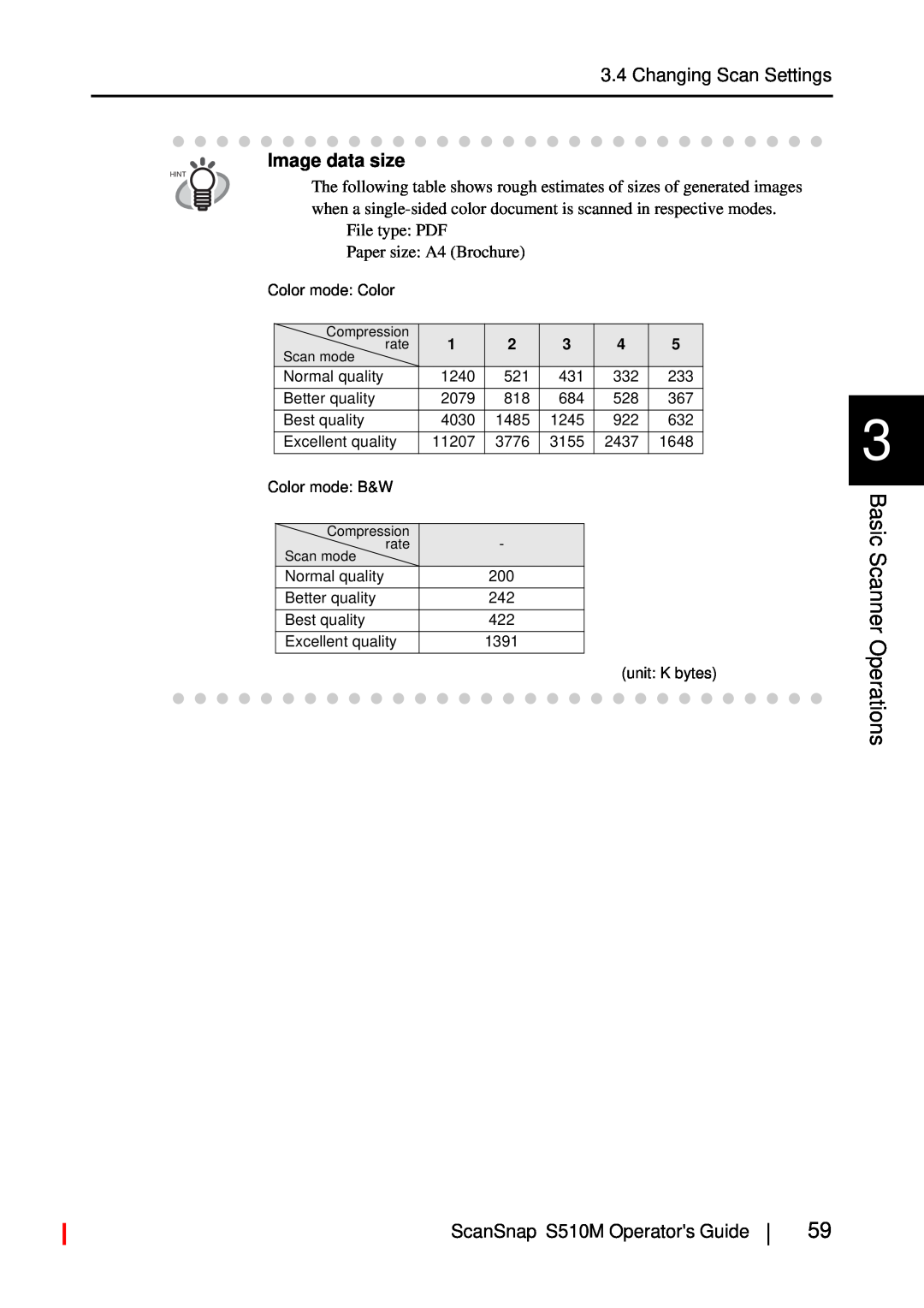 Fujitsu S510M manual Basic Scanner Operations, Image data size, File type PDF Paper size A4 Brochure 
