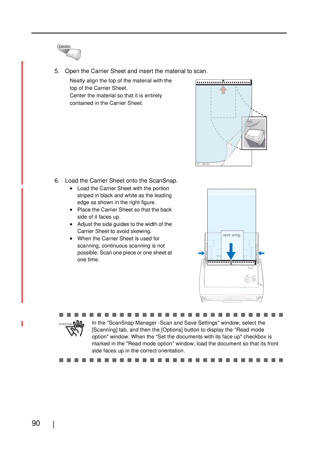 Fujitsu S510M manual Open the Carrier Sheet and insert the material to scan, Load the Carrier Sheet onto the ScanSnap 