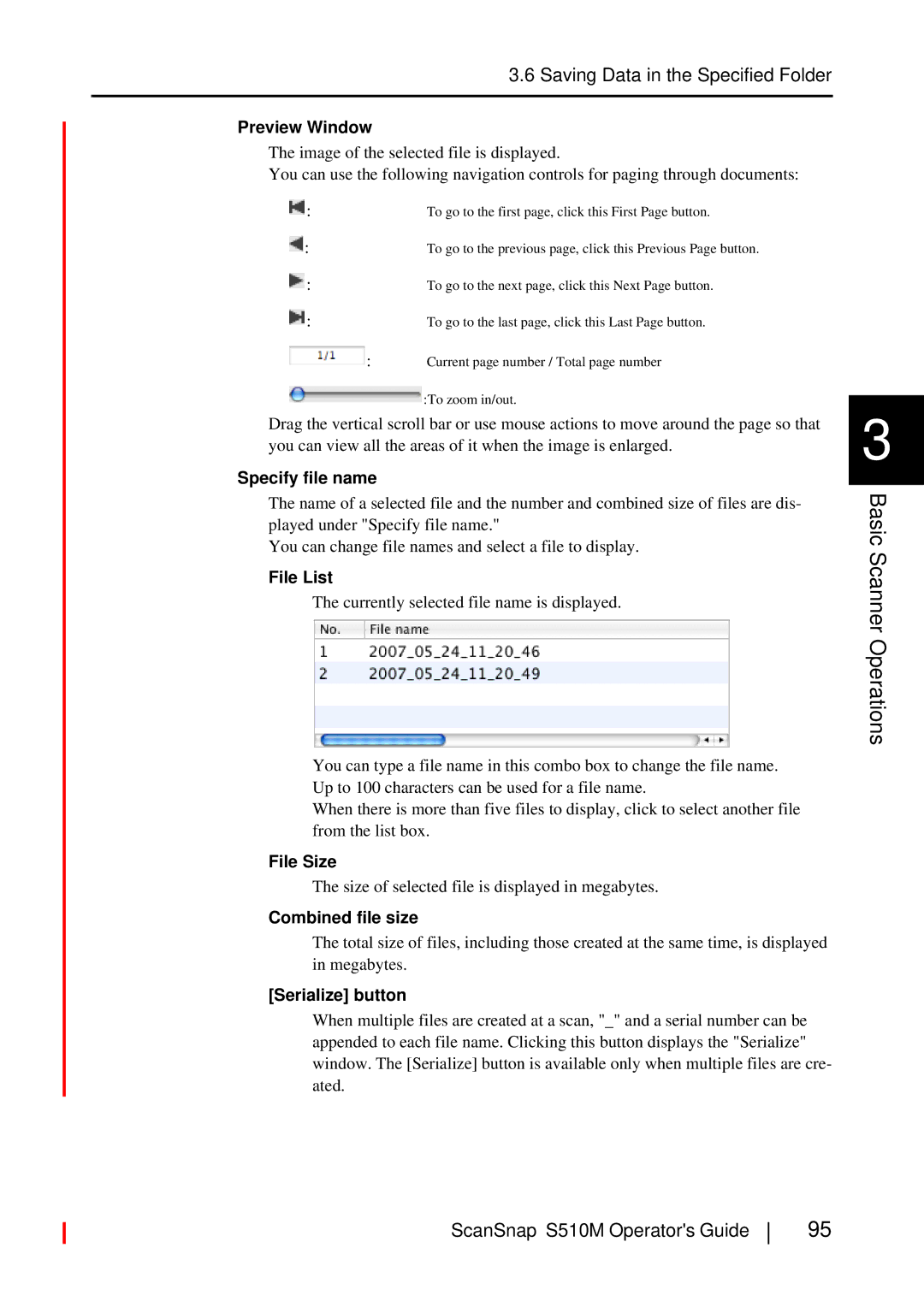 Fujitsu S510M manual Preview Window, Specify file name, File List, File Size, Combined file size, Serialize button 