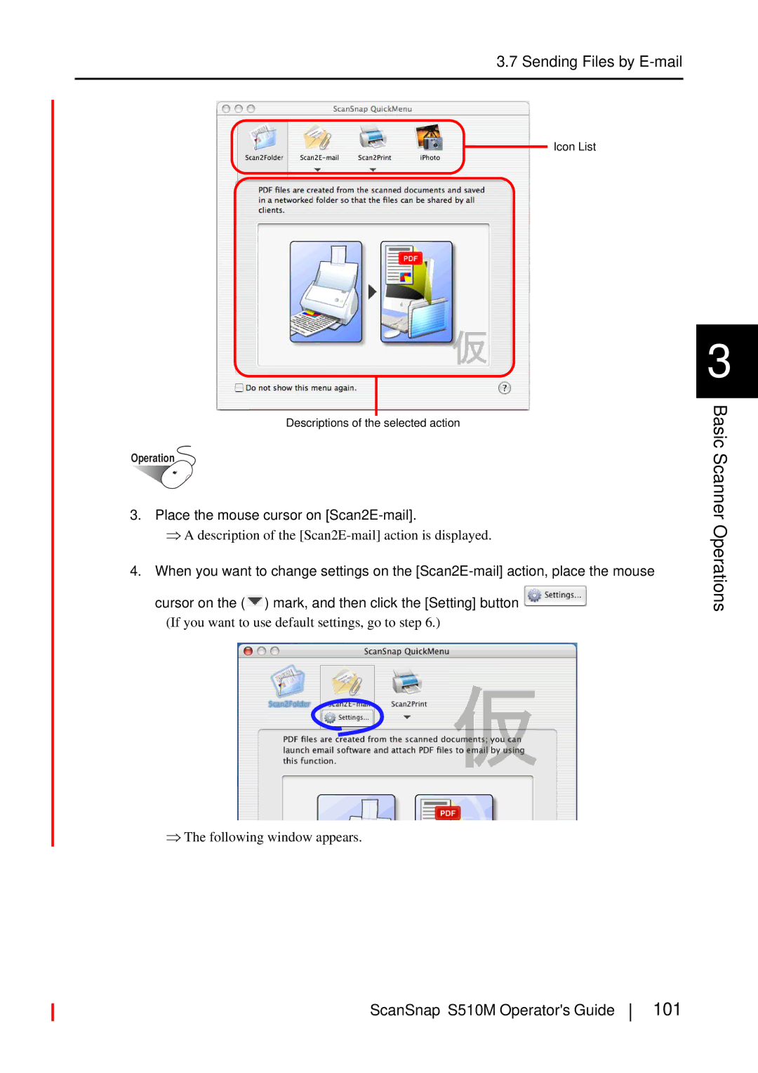 Fujitsu S510M manual 101, Sending Files by E-mail, Place the mouse cursor on Scan2E-mail 