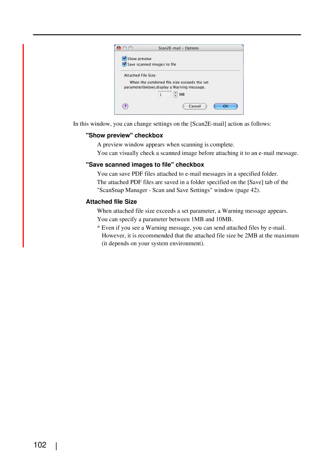 Fujitsu S510M manual 102, Show preview checkbox, Save scanned images to file checkbox Attached file Size 