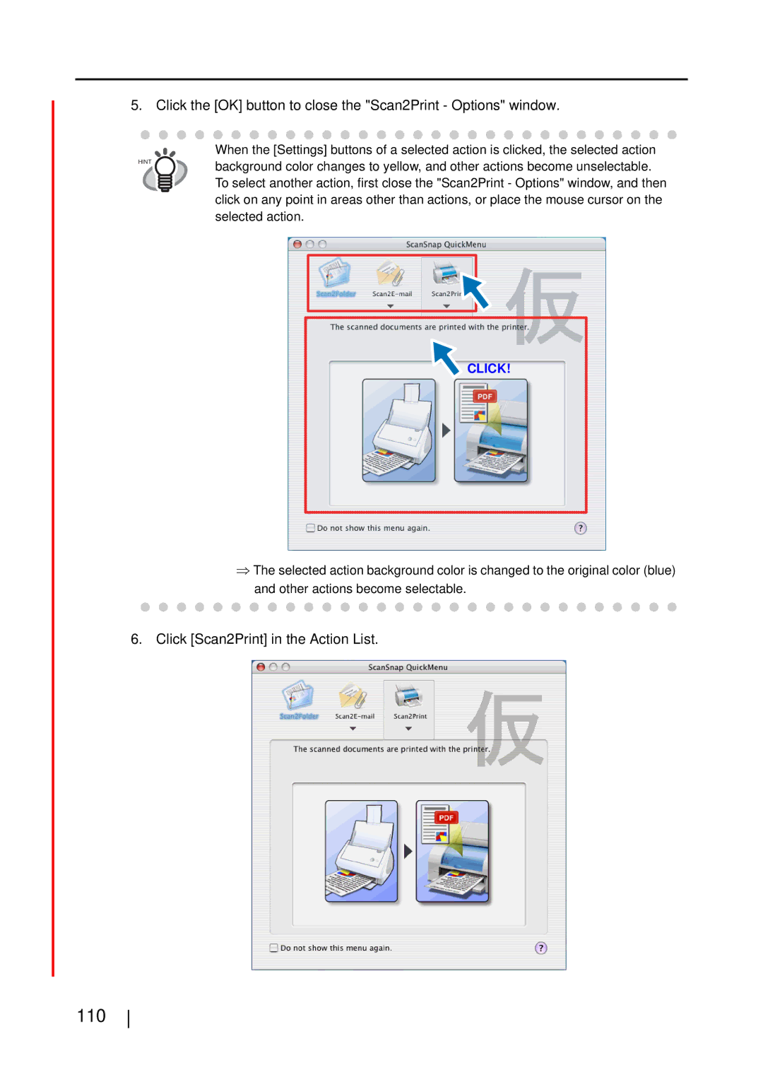 Fujitsu S510M manual 110, Click the OK button to close the Scan2Print Options window, Click Scan2Print in the Action List 