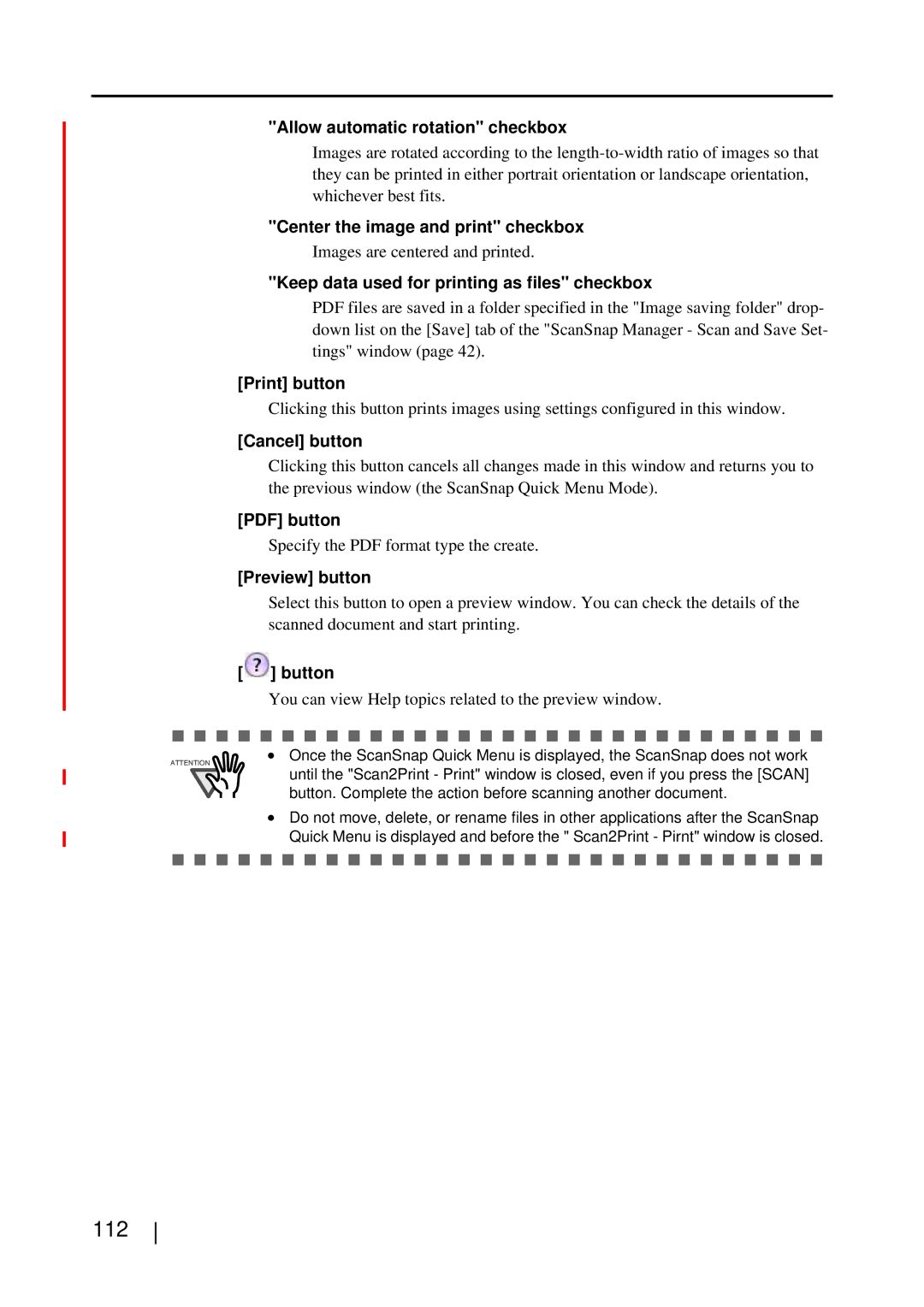 Fujitsu S510M manual 112, Keep data used for printing as files checkbox Print button, Preview button 