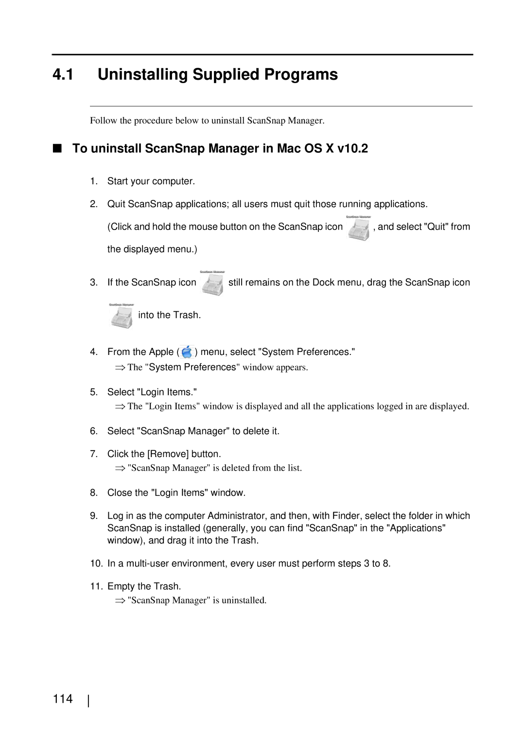 Fujitsu S510M manual Uninstalling Supplied Programs, To uninstall ScanSnap Manager in Mac OS X, 114, Select Login Items 