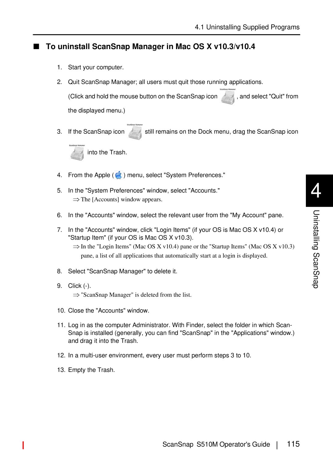 Fujitsu S510M manual To uninstall ScanSnap Manager in Mac OS X v10.3/v10.4, Uninstalling ScanSnap, 115 