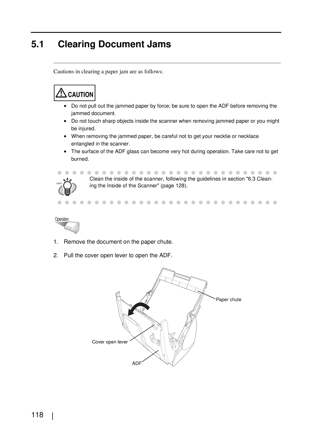 Fujitsu S510M manual Clearing Document Jams, 118 