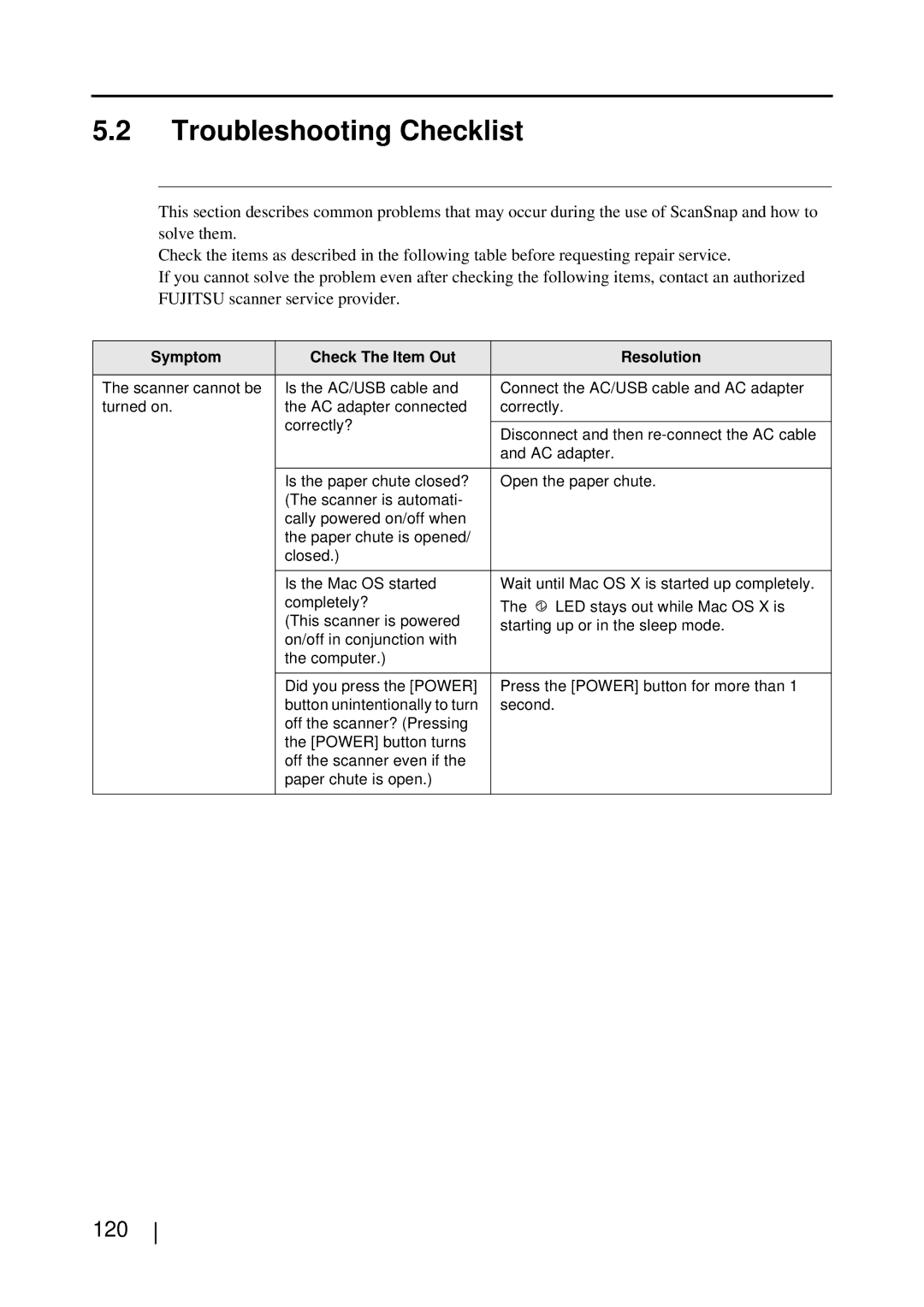 Fujitsu S510M manual Troubleshooting Checklist, 120 