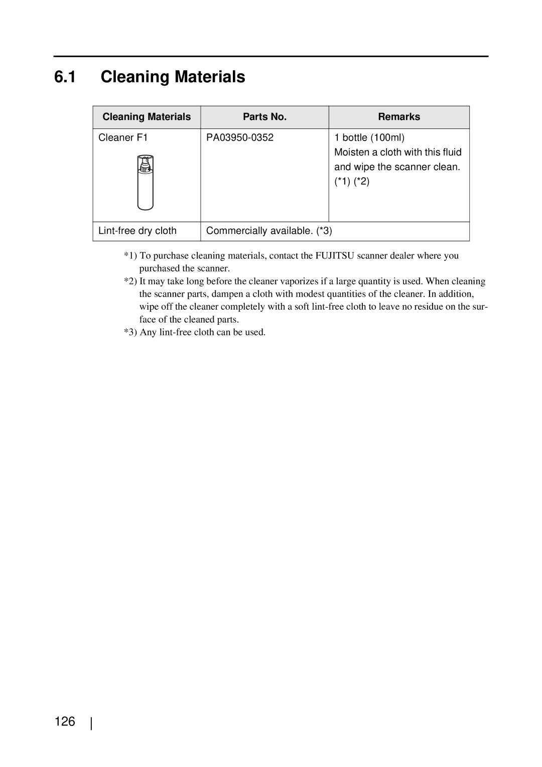 Fujitsu S510M manual 126, Cleaning Materials Parts No Remarks 