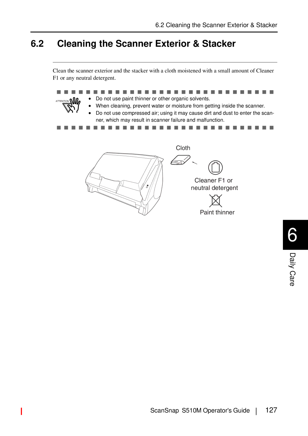 Fujitsu S510M manual Cleaning the Scanner Exterior & Stacker, Daily Care, 127 