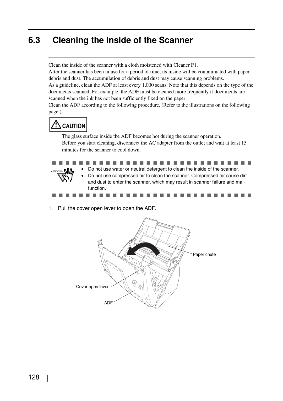 Fujitsu S510M manual Cleaning the Inside of the Scanner, 128 