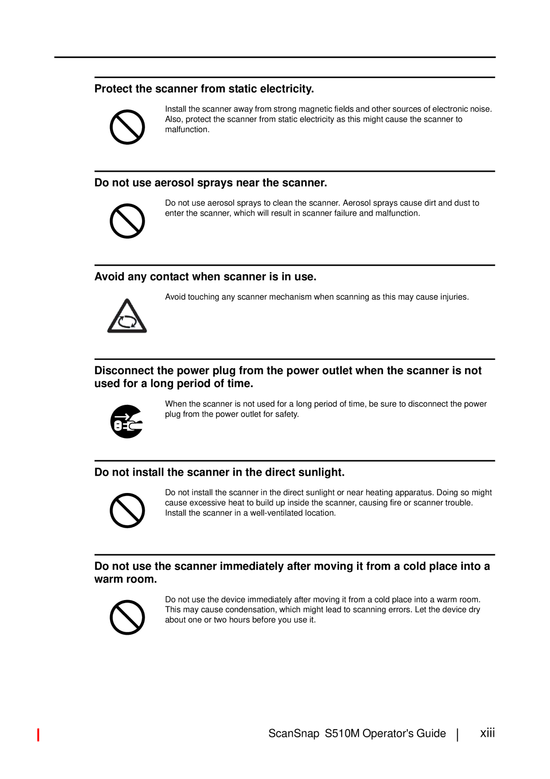 Fujitsu S510M manual Xiii, Protect the scanner from static electricity 