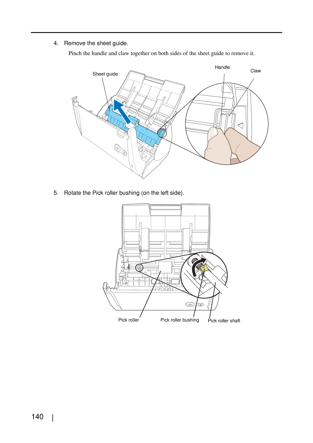 Fujitsu S510M manual 140, Remove the sheet guide, Rotate the Pick roller bushing on the left side 