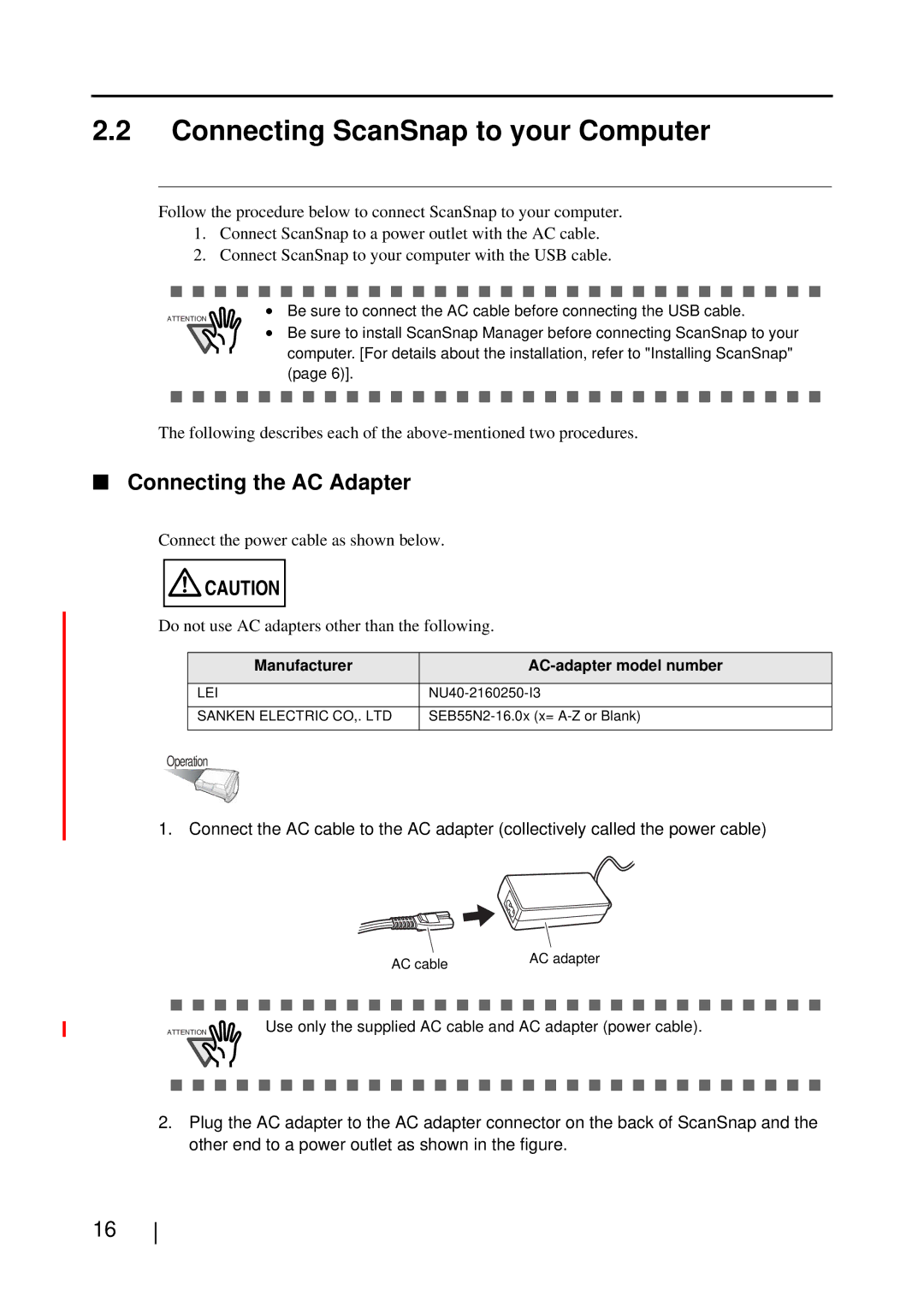 Fujitsu S510M manual Connecting ScanSnap to your Computer, Connecting the AC Adapter 