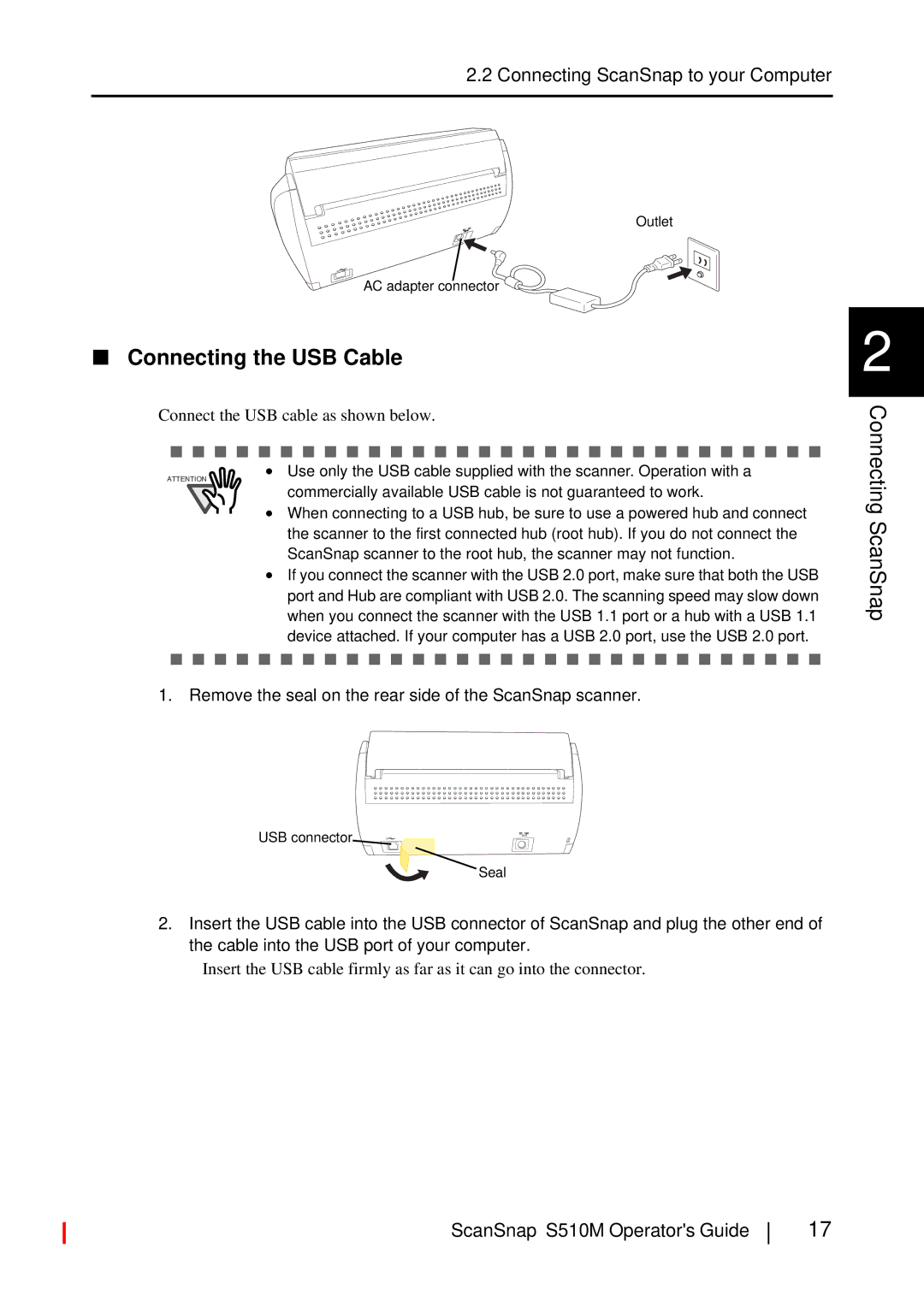 Fujitsu S510M manual Connecting the USB Cable, Connecting ScanSnap to your Computer 