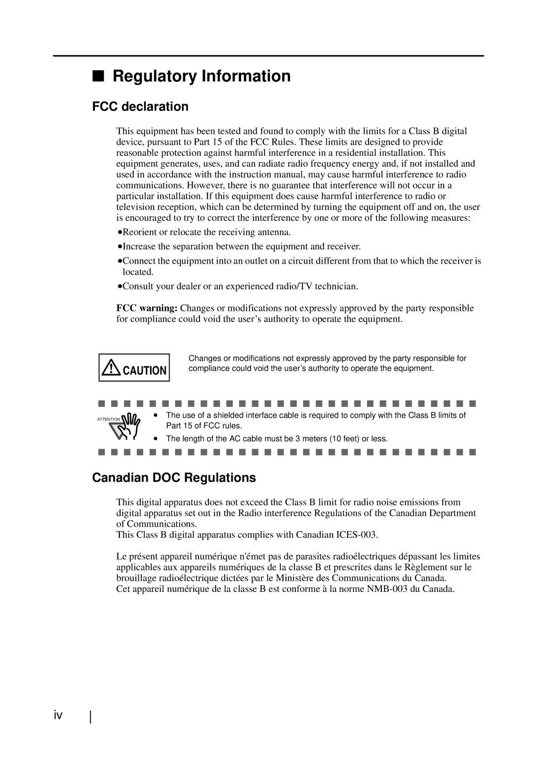 Fujitsu S510M manual Regulatory Information, FCC declaration, Canadian DOC Regulations 