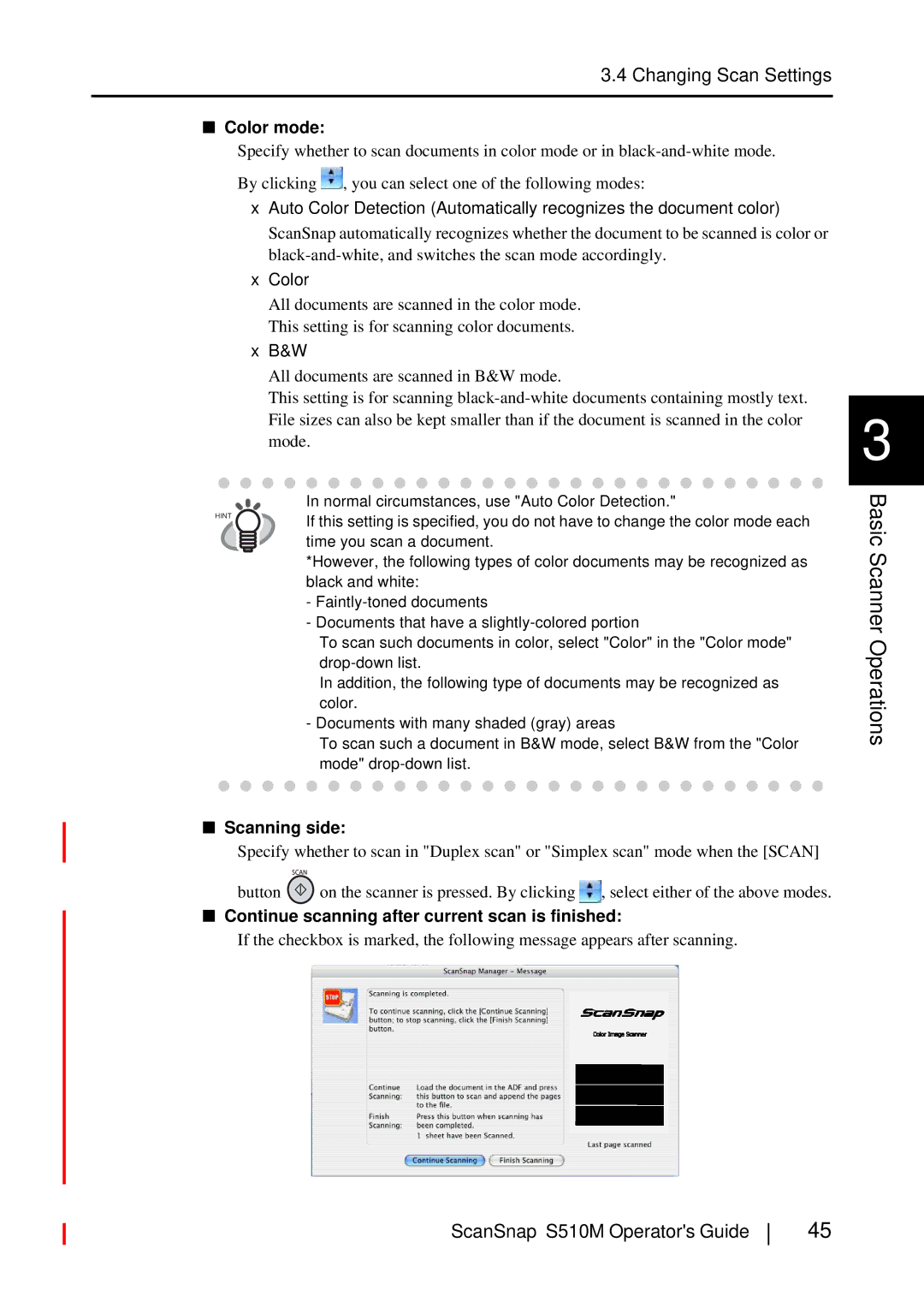 Fujitsu S510M manual Color mode, Scanning side, Continue scanning after current scan is finished 