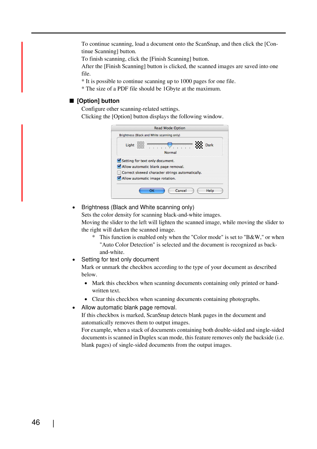 Fujitsu S510M manual Option button, Brightness Black and White scanning only, Setting for text only document 